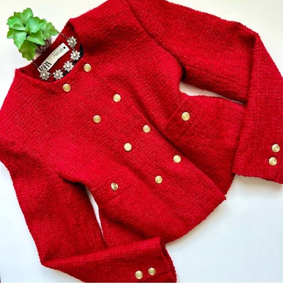 ZARA Double Breasted Blazer Lady Jacket Red Textured Tweed Boucle Size Medium - Picture 3 of 16